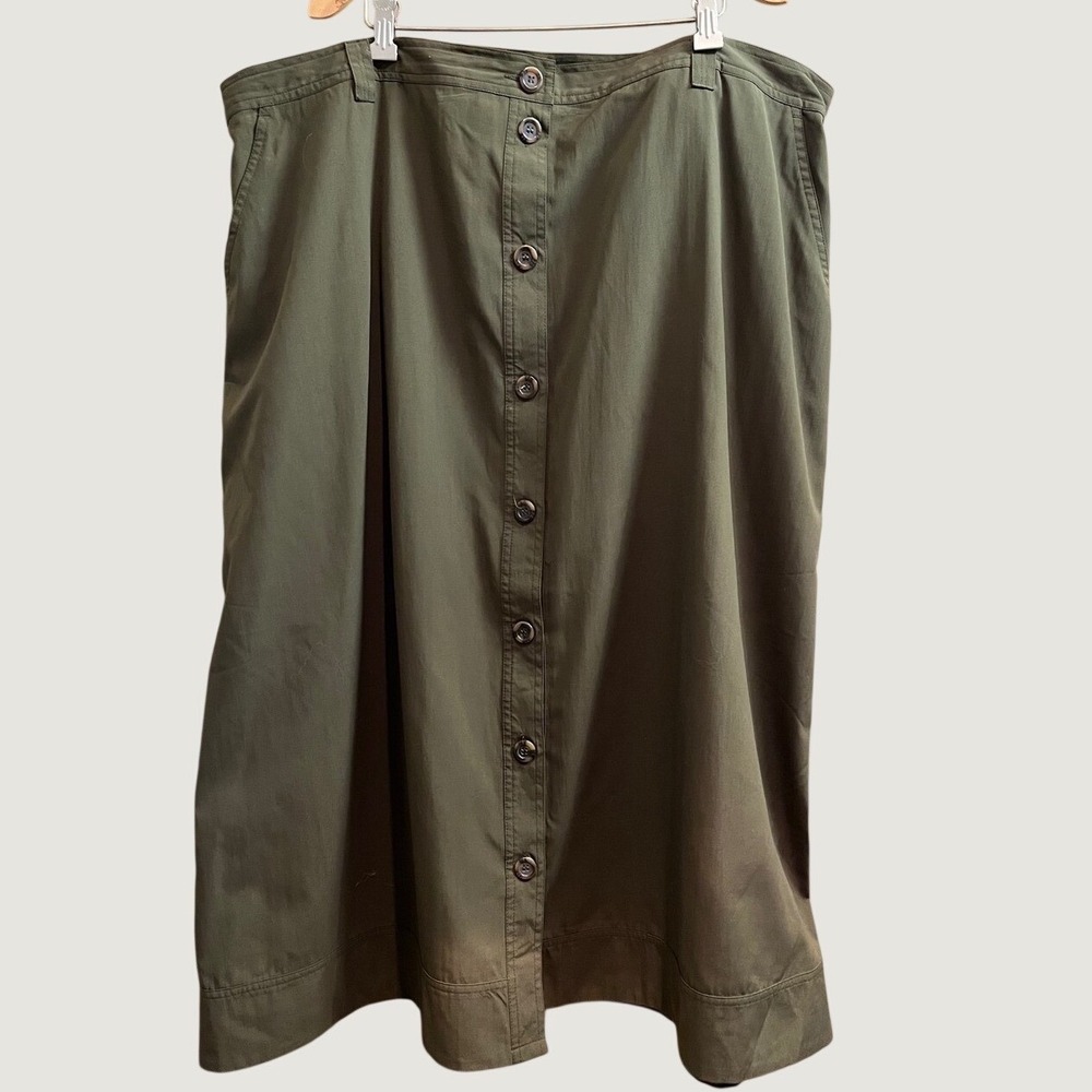 TravelSmith Button Front Midi Skirt Womens 26W Olive Green Supplex Travel Casual